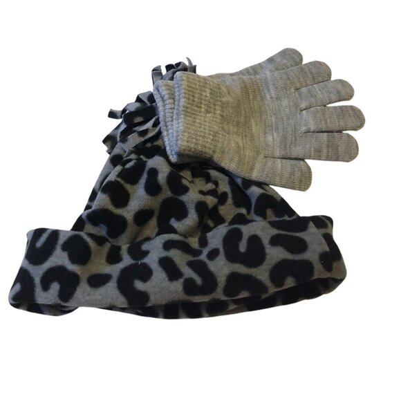 Basic Edition Girls Winter Fleece Hat & Mitten 2 Pc Set Gray Black Leopard Print - Picture 1 of 4